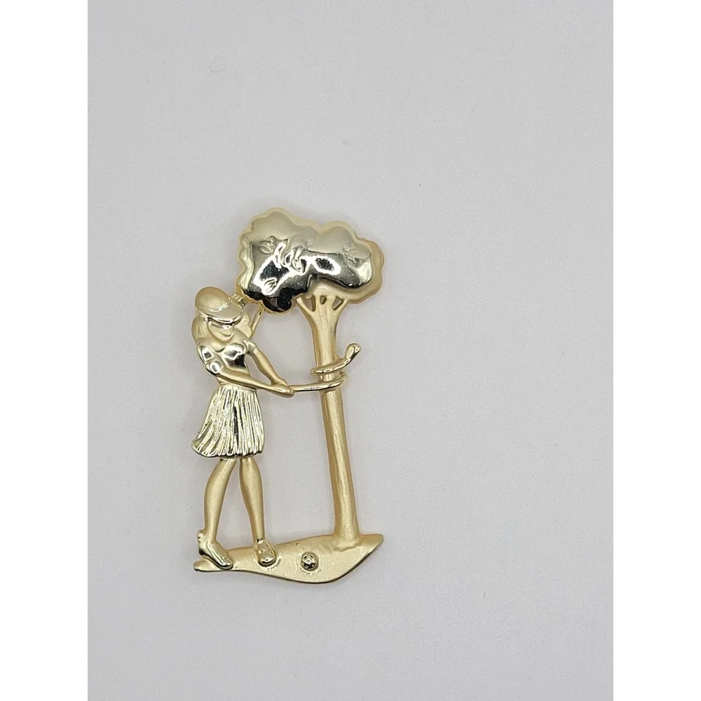 Vintage Gold Tone Girl by Tree‎ Figural Brooch Pin Whimsical Storybook Jewelry